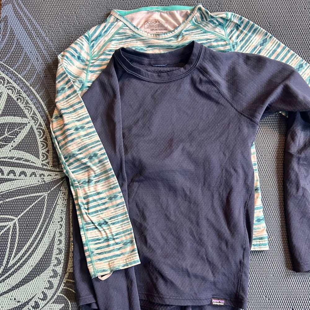 Patagonia Kids Long Underwear sets - Navy (2 piece set) and Aqua Stripes shirt